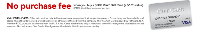 At staples - No Purchase Fee when you buy a $200 Visa Gift Card In Store Only (a $6.95 value) - From 1/08-1/14 - Limit 8