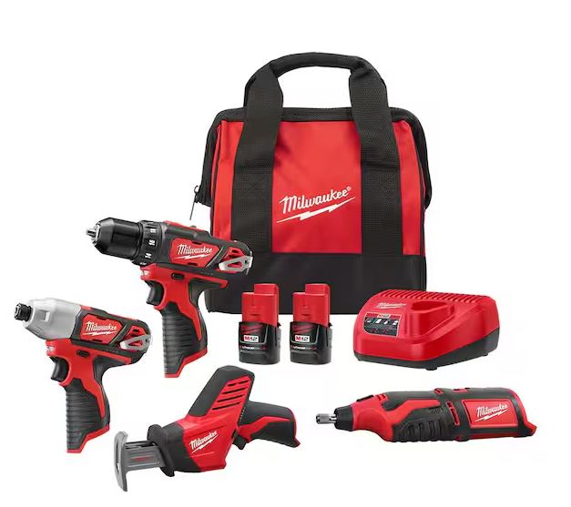 At Home Depot - Milwaukee M12 12V Lithium-Ion Cordless 4-Tool Combo Kit with (2) Compact 1.5Ah Batteries and Charger  for $189.00