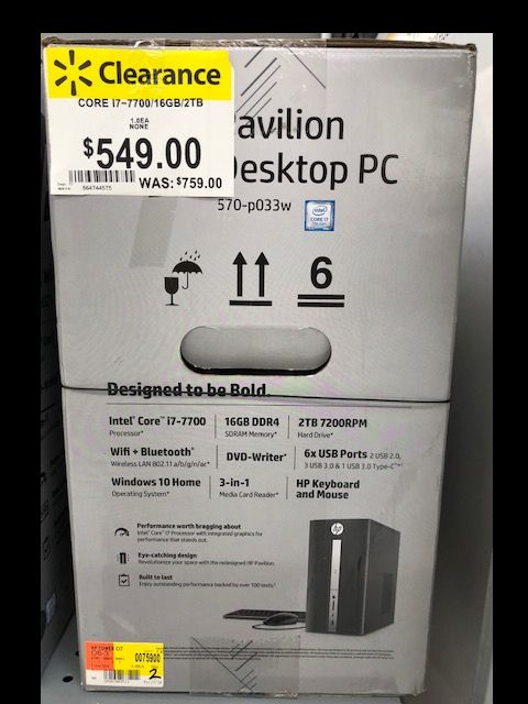 HP Pavilion Desktop i7-7700 , 16GB , 2TB HD, Windows 10 home, 570-p033w - Walmart - YMMV $549