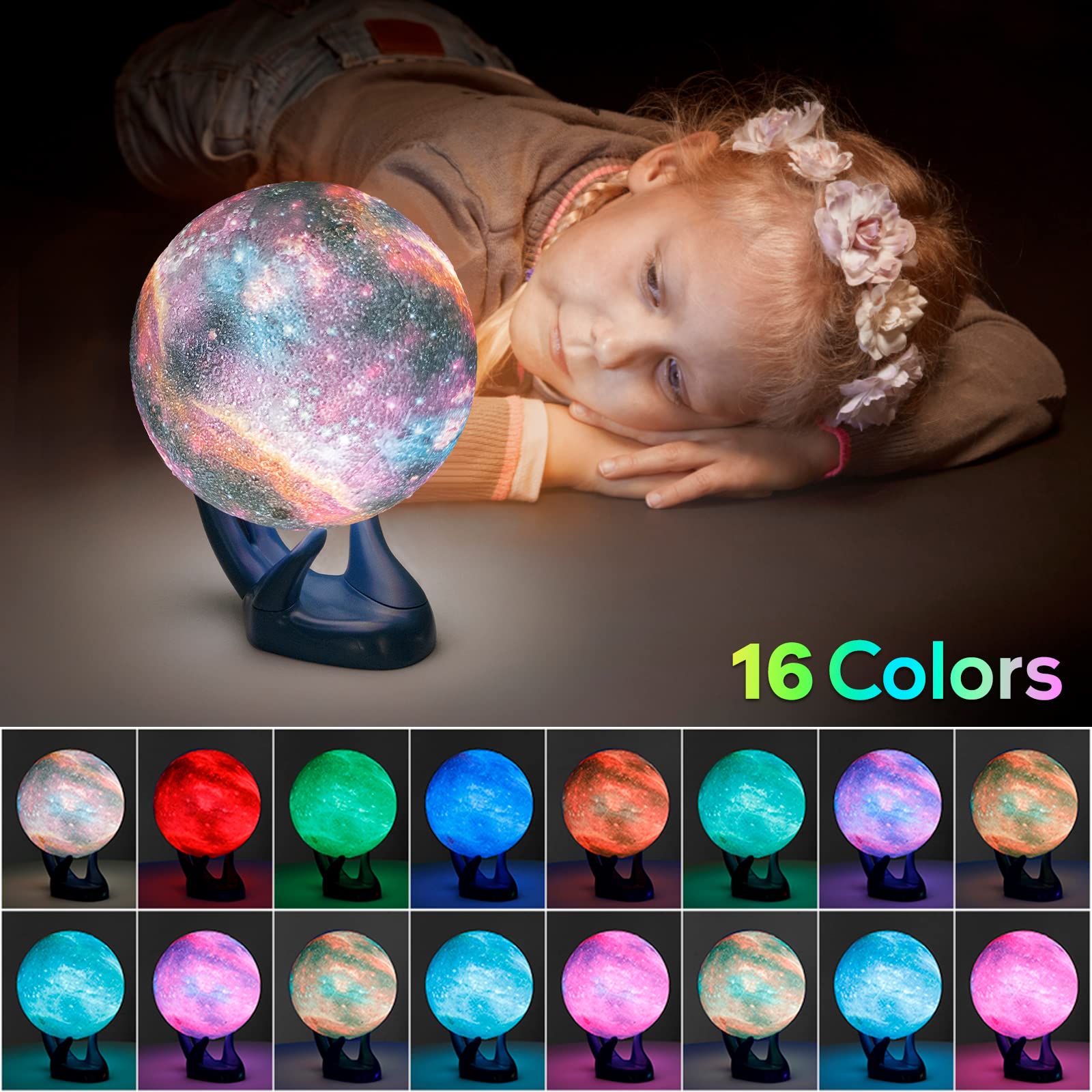 BRIGHTWORLD Moon Lamp 3D Printing Galaxy Lamp 4.7inch Moon Light 16 Colors Night Light for Kids, Remote & Touch Control Dimmable Birthday Gifts