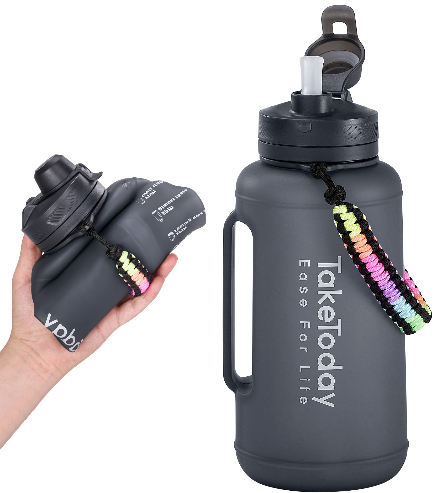TakeToday 68 oz Collapsible Water Bottles with Straw, Half Gallon Water Bottle with Motivational Time Marker, Large Reusable Silicone Water Jug with Paracord Handle $21.59