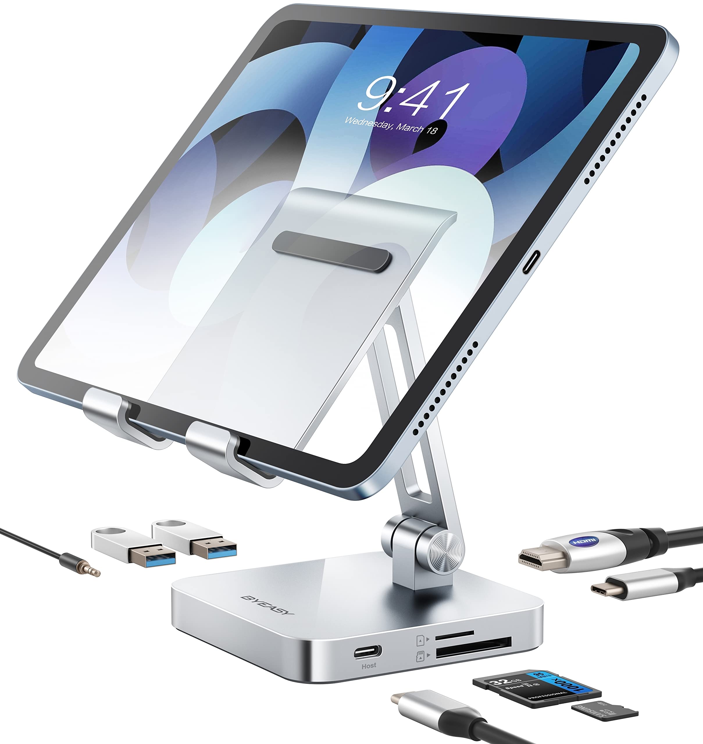 BYEASY iPad Pro USB C Hub with Stand, 7 in 1 USBC Docking Station with
