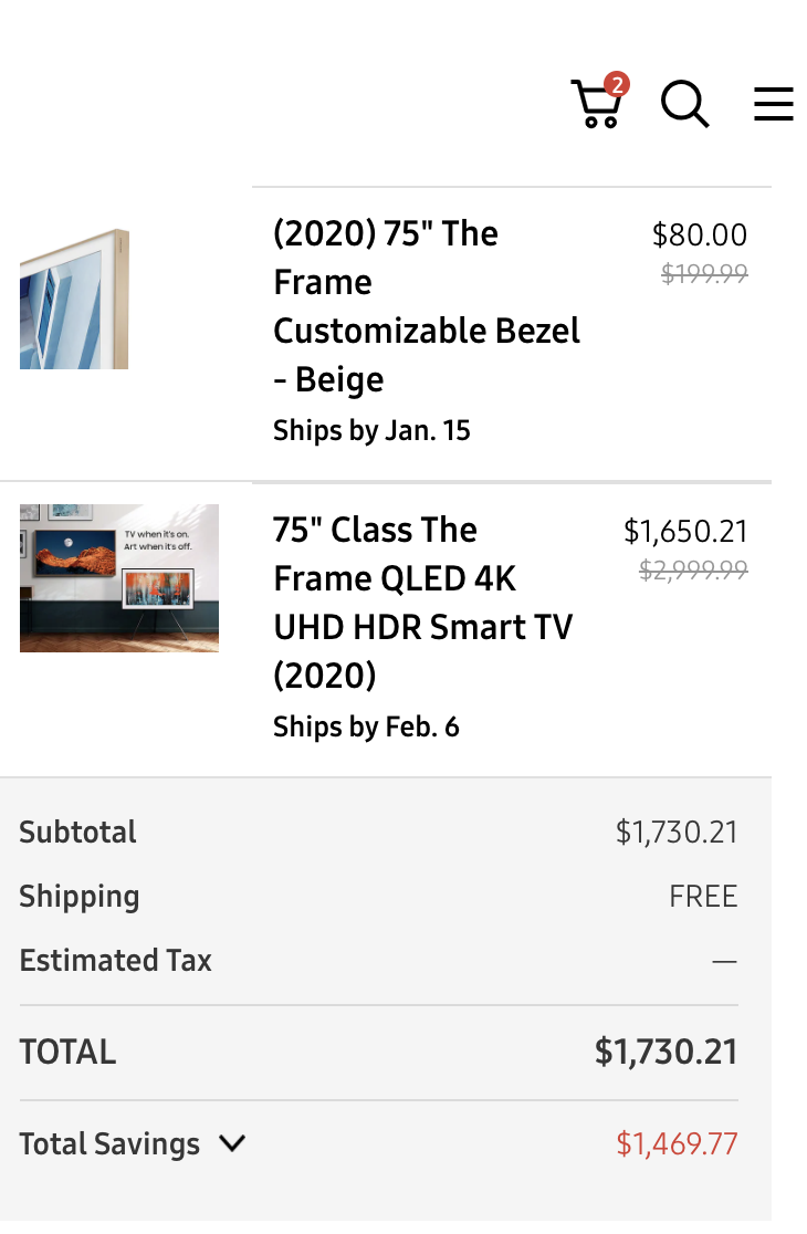 75" Class The Frame QLED 4K UHD HDR Smart TV (2020) - $1650
