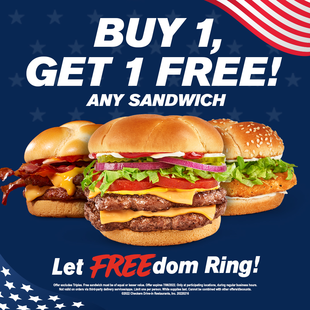 Rallys or Checkers BOGO sandwich Expires 7/6/2022