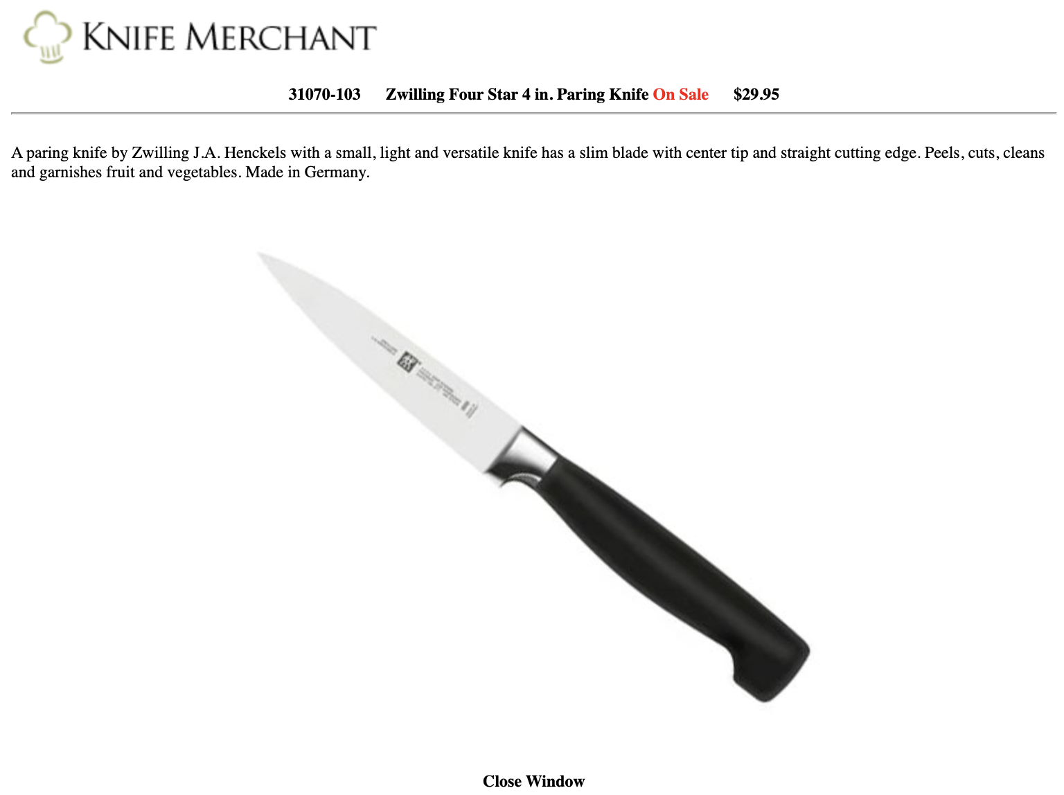 Zwilling Four Star 4 in. Paring Knife + Free Shipping over 50Knife