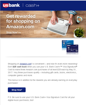 US Bank Cash+ Visa - Receive $25 for making 3 x Amazon $25 purchases Gift cards are eligible!