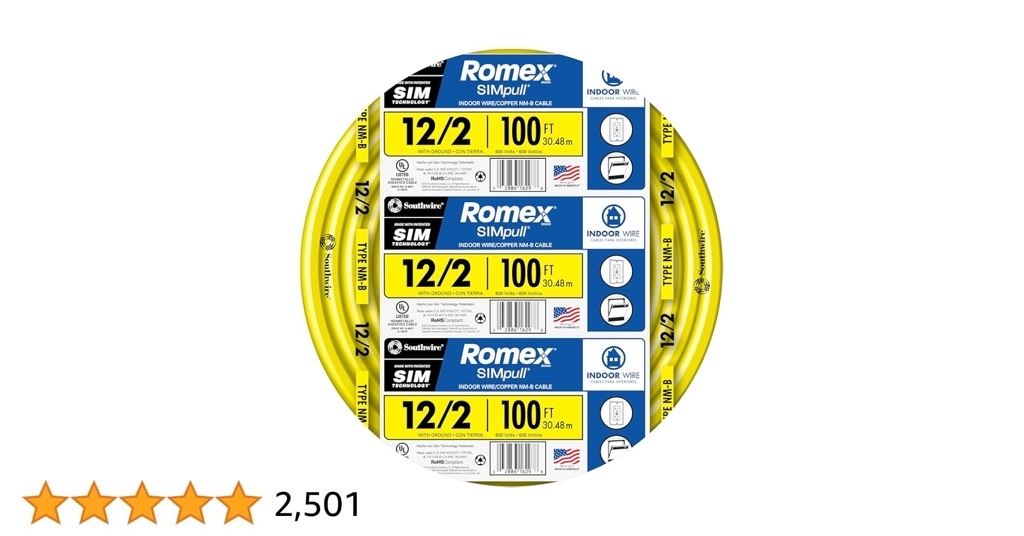 Southwire Romex Brand Simpull Solid Indoor 12/2 W/G NMB Cable 100ft ...