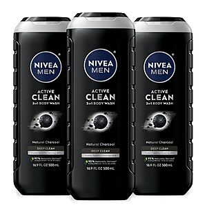 $14.36 NIVEA MEN Active Clean 3-in-1 Body Wash, Mulitpack, 6 x 16.9 FL OZ