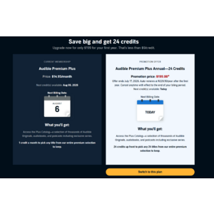 YMMV Audible Members: $199 for 24 audiobook credits ($8.29 a credit vs normal $14.95)