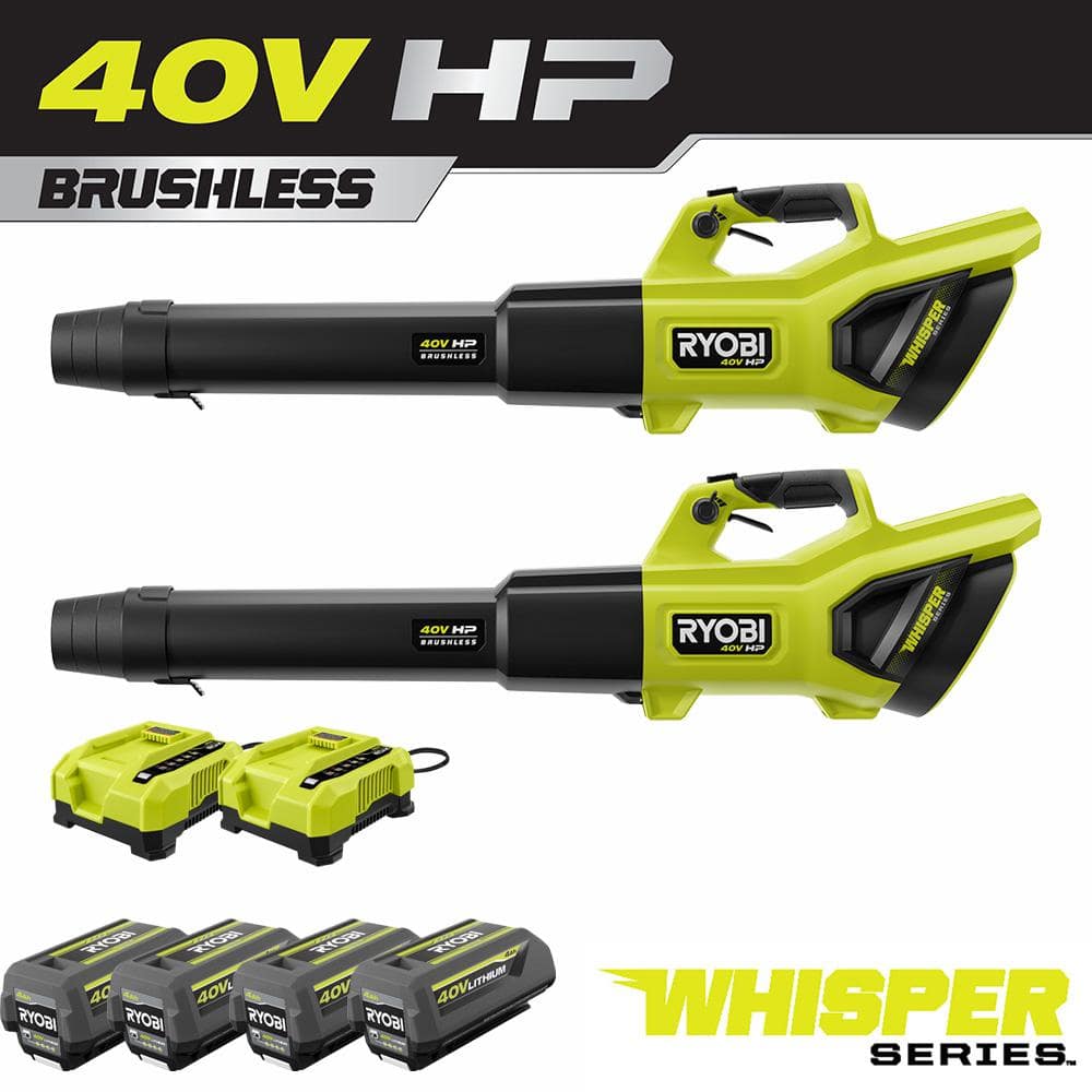RYOBI 40V HP Brushless Whisper Series 190 MPH 730 CFM Cordless Battery Leaf Blower (2-Tool) with 4 Batteries and 2 Chargers - 2 Blowers+ for $329 Free shipping at Home Depot