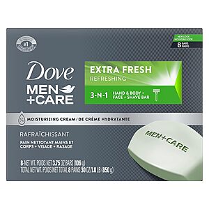 8-Count 3.75-Oz Dove Men+Care 3-in-1 Bar Soap (Extra Fresh) .70 w/ Subscribe & Save