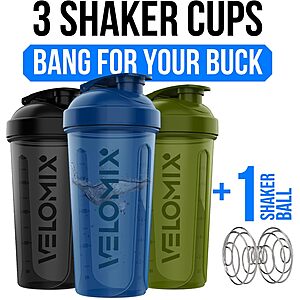 3-Pk 14-Oz VELOMIX Protein Shaker Bottles (Green, Black, Blue)