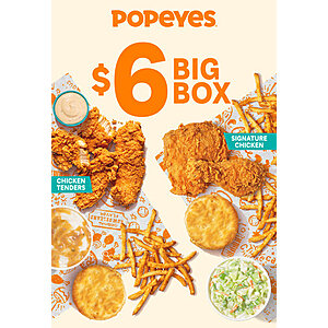 Popeyes Louisiana Kitchen Offer: 2-Pc Signature Chicken or 3-Pc Tenders Big Box $6 (Valid thru 7/13)
