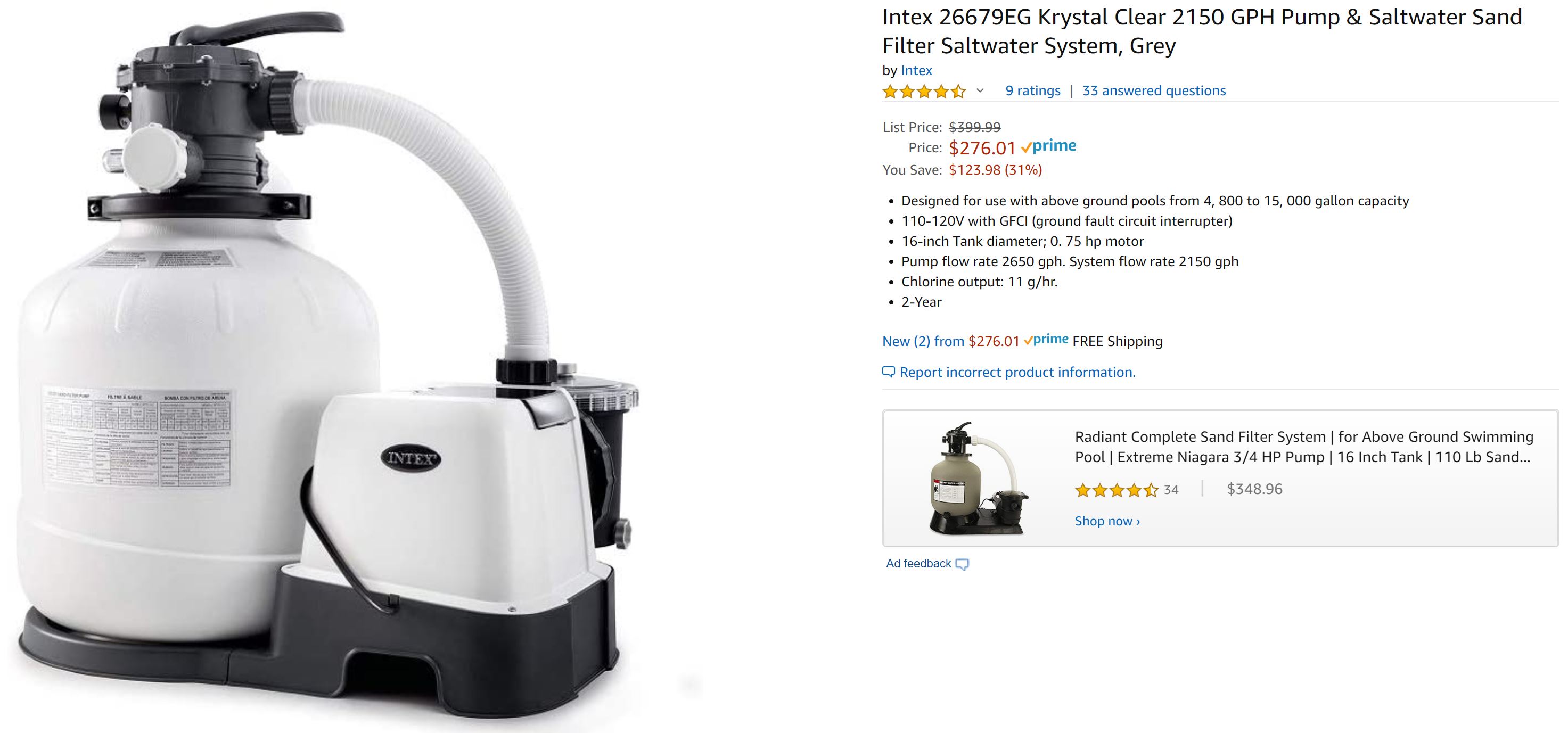 Intex 26679EG (ECO20110-2) Krystal Clear 2150 GPH Pump & Sand Filter Saltwater System, Grey $276.01