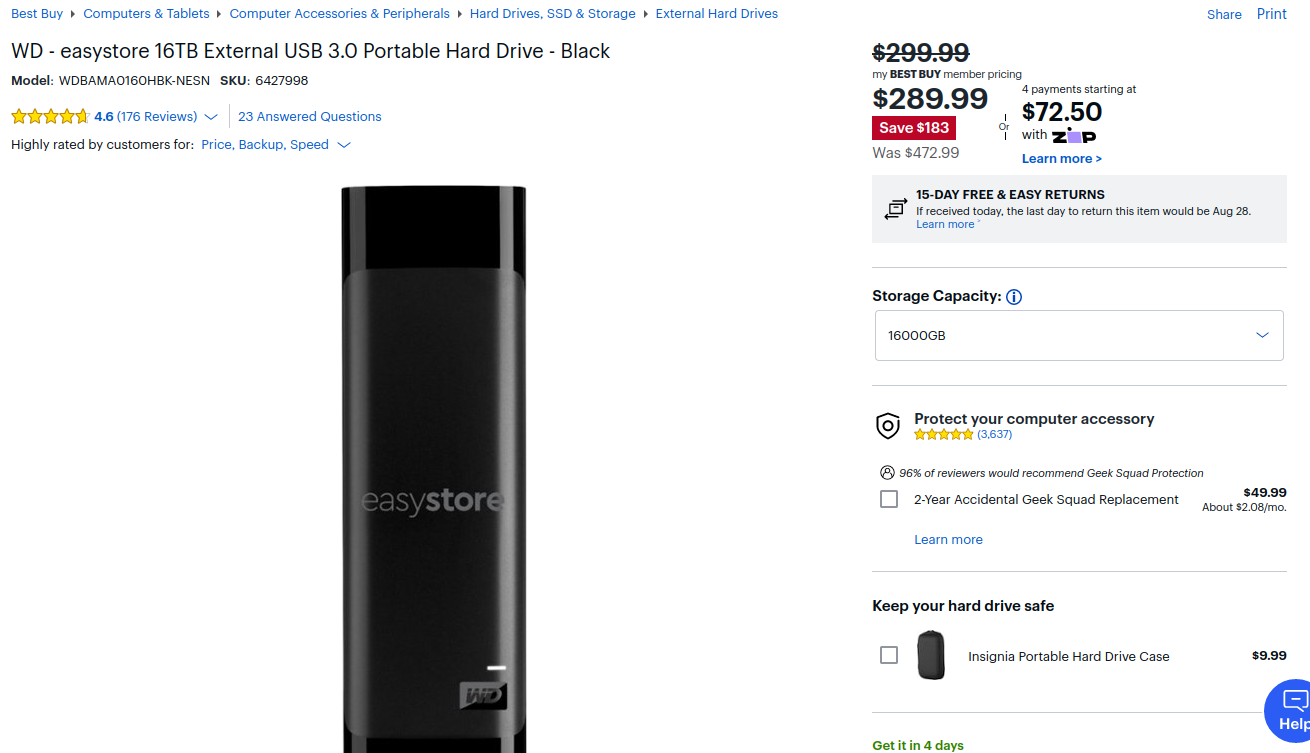BestBuy EasyStore 16TB for $289.99 w/ MyBB member pricing