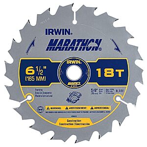 Amazon: IRWIN Tools MARATHON Carbide Cordless Circular Saw Blade - 6 1/2", 18T (Reg $29.81, ~70% Off) from $8.91 + FS w/ Prime
