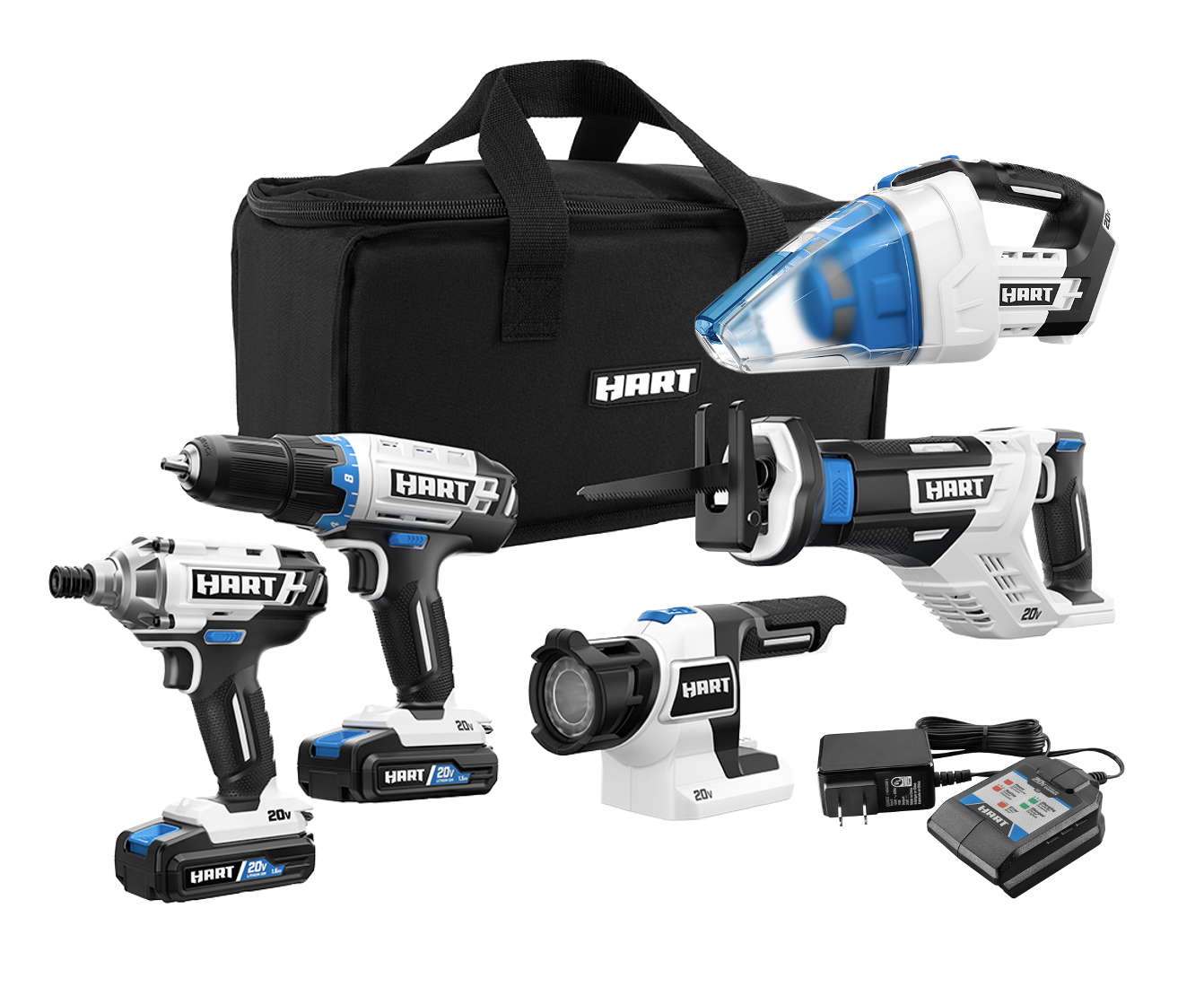 HART 20-Volt Cordless 5-Tool Combo Kit (2) 1.5Ah Lithium-Ion Batteries and 16-inch Storage Bag $79