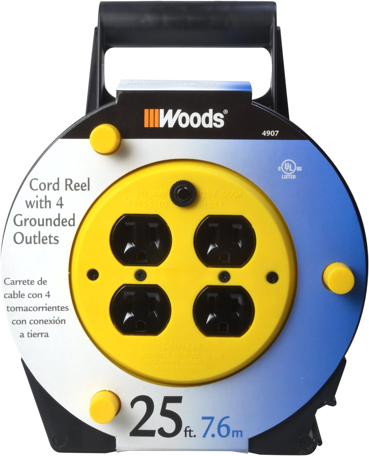 25' Woods Extension Cord Reel w/ 4-Outlets 16/3 SJTW & 12A Circuit Breaker