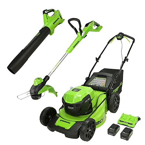 Amazon.com : Greenworks 48V 20" Brushless Cordless Electric Lawn Mower, Leaf Blower, String Trimmer, (2) 4.0Ah Batteries and Rapid Charger : Patio, Lawn & Garden $442.90
