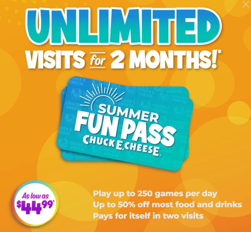 2-Month Chuck E. Cheese Summer Fun Pass - $44.9