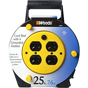 25' Woods Extension Cord Reel w/ 4-Outlets 16/3 SJTW & 12A Circuit