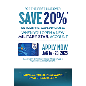 Military only - 20% off everything at AAFES PX Navy Marine Corps Coast Guard PX for opening a Military Star card