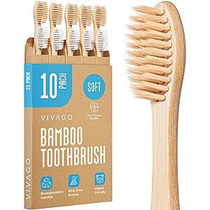 VIVAGO Biodegradable Bamboo Toothbrushes Soft Bristles 10 Pack - BPA Free Soft Bristles Toothbrushes for Adults, Compostable Natural Wooden Toothbrush $5.58 at Vivago via Amazon