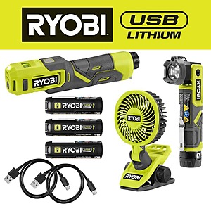 ryobi USB Lithium 3-Tool Combo Kit with Fan, Flashlight, Inflator, (3) 2.0 Ah USB Lithium Batteries, & (3) Charging Cables $89.91 at Home Depot