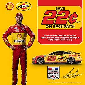 Shell Gas Fuel Rewards: $.22/gallon Discount on NASCAR Race Days (37 Races) mostly on weekends Spring/Summer 2026