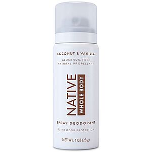 Native Whole Body Mini Deodorant Spray Coconut & Vanilla, 1.0 oz - 2 for $0.88 + free store pickup on $10+ at Walgreens