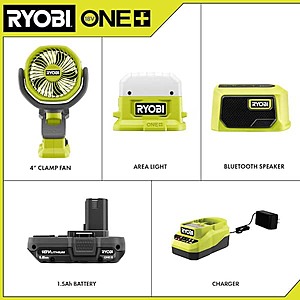 RYOBI ONE+ 18V Kit: Area Light, BT Speaker, Clamp Fan & 1.5Ah Battery $50.40 + Free S&H
