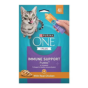 $2.68 get $1.25 Walmart Cash Limit 5 FS Plus:  Purina ONE Plus Immune Support Purees With Tuna or  Real Chicken Lickable Cat Treats, 1.4 oz.