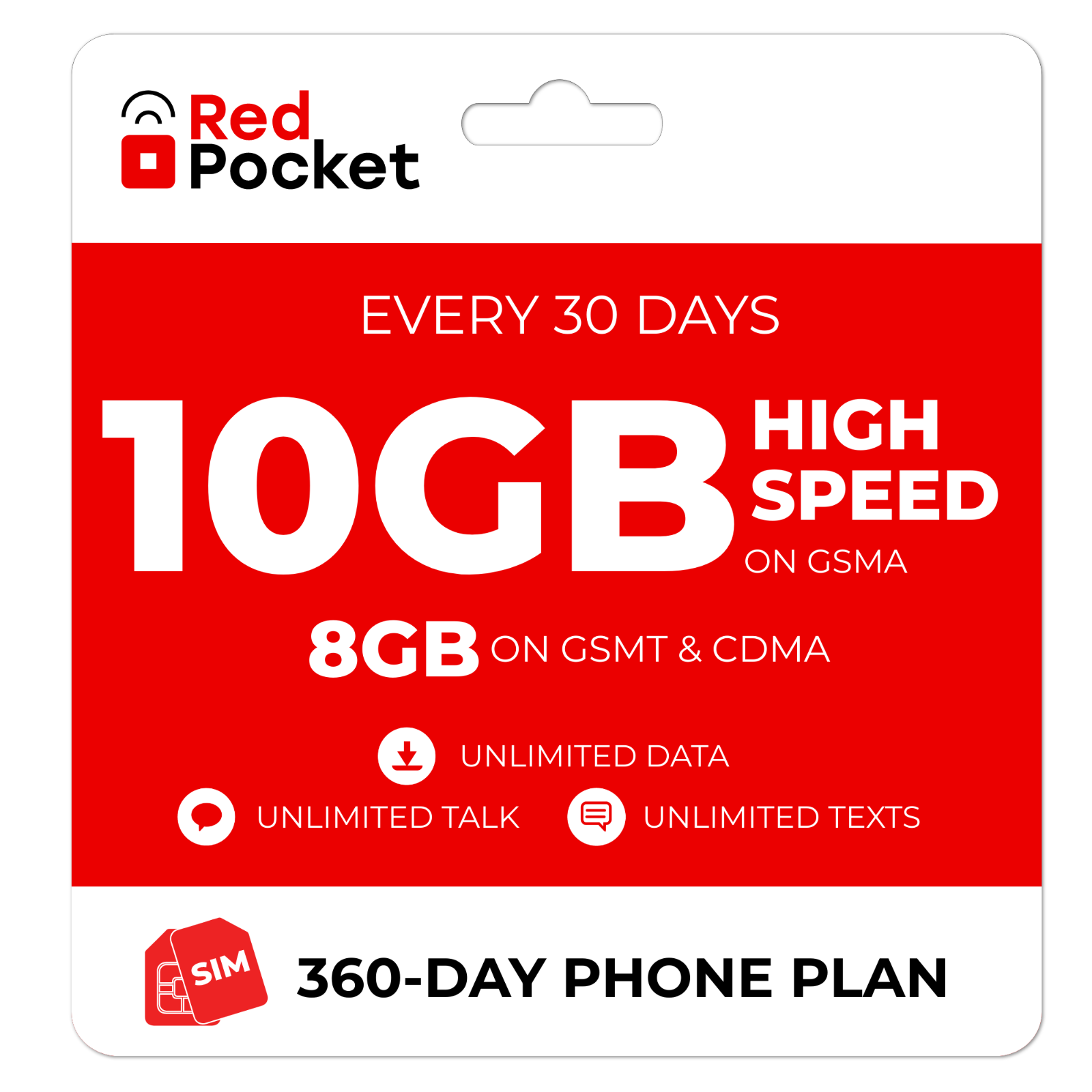 360-Day Red Pocket Prepaid Plan: Unlimited Talk & Text + 10GB LTE / Month $190 + Free Shipping