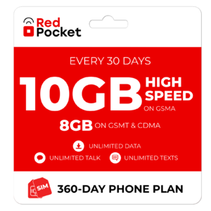 360-Day Red Pocket Prepaid Plan: Unlimited Talk & Text + 10GB LTE / Month $  200 + Free Shipping