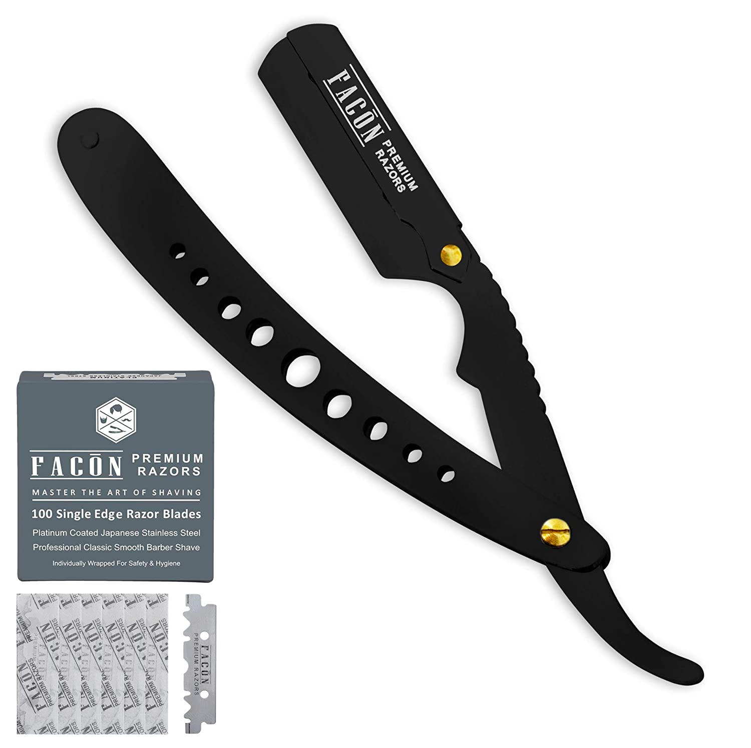 Facón Professional Classic Straight Edge Barber Razor - Salon Quality Cut Throat Shavette + 100 Blades for $9.95 & More + FSSS