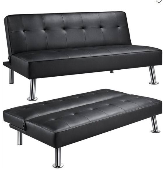 Easyfashion Convertible Black Faux Leather Futon Sofa Bed, Black $164 + Free Shipping