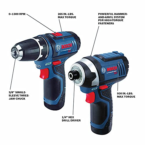 BOSCH Power Tools Combo Kit CLPK22-120 - 12-Volt Cordless Tool Set (Drill/Driver and Impact Driver) with 2 Batteries, Charger and Case , Blue - $98.05