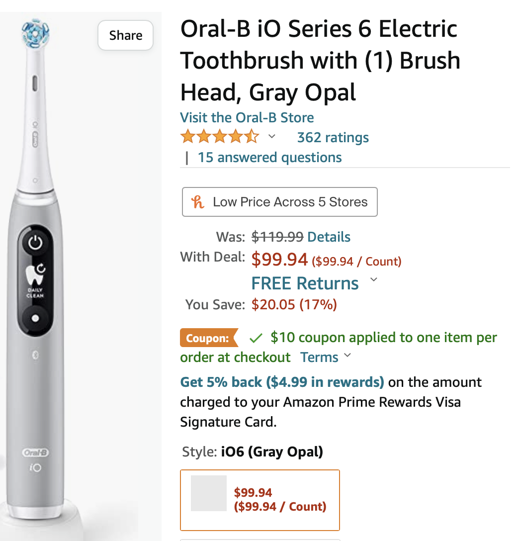 OralB iO Series 6 Electric Toothbrush with (1) Brush Head, Gray Opal 89