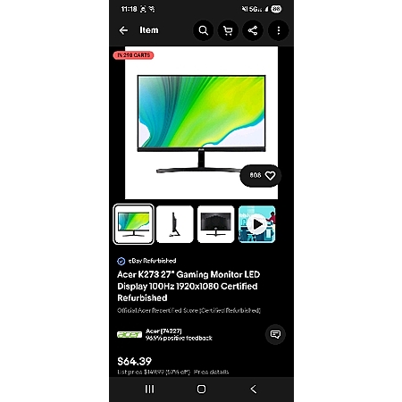 Acer K273 27" Gaming Monitor LED Display 100Hz 1920x1080 Excellent Condition $64.39