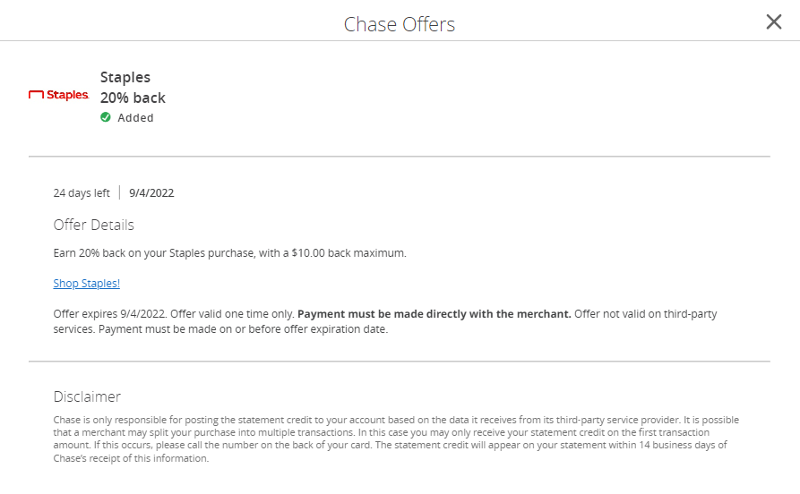 Eligible Chase Members w/ Offers:  20% off Any Purchase at Staples YMMV
