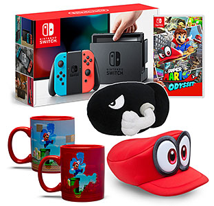 Thinkgeek.com new customers - Nintendo Switch Neon w/Super Mario Odyssey + Hat, Mug, & Plush - 320.00 + 5.95 shipping
