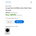 Google Nest Hello Video Doorbell wired 24/7 recording $89 (Walmart)