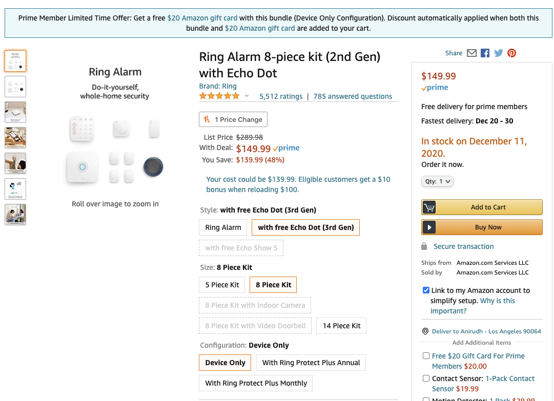 Ring Alarm 8-piece kit $149.99 with $20 gift card on Amazon
