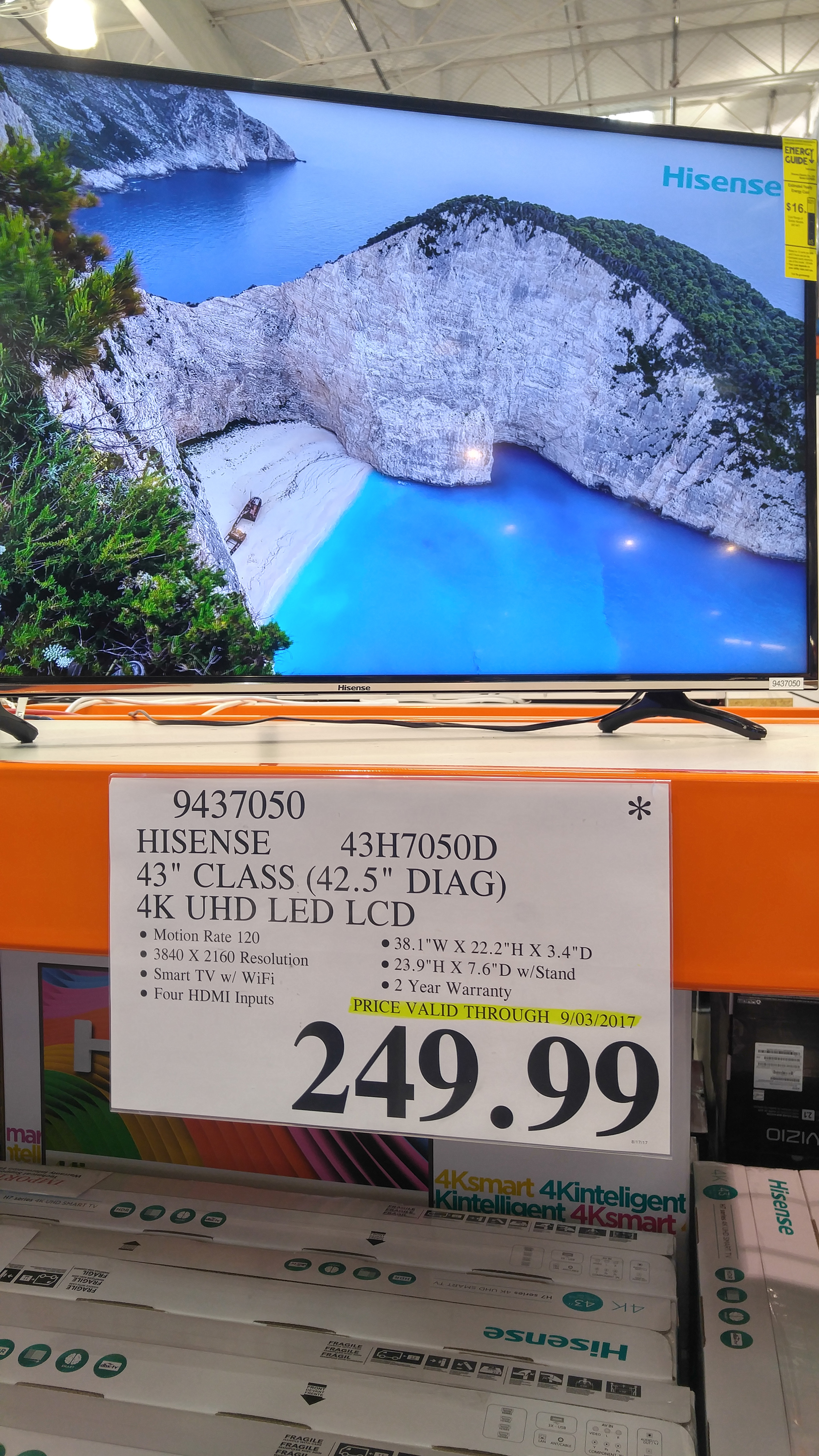 43" Hisense 43H7050D 4K TV (like 43H7C or 43H7D): $250 @ Costco (B&M) or $215 w/ Google Express