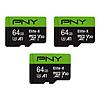 PNY 64GB Elite-X Class 10 U3 V30 microSDXC Flash Memory Card, 3 Count (Pack of 1) - 100MB/s, Class 10, U3, V30, A1, 4K UHD, Full HD, UHS-I, Micro SD $13.99