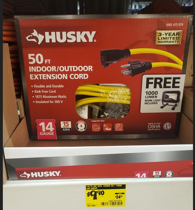 YMMV Home Depot - Husky 14/3 50 ft. Yellow Extension Cord with 1,000 Lumen Work Light-63050LIGHTHY - The Home Depot $9.90