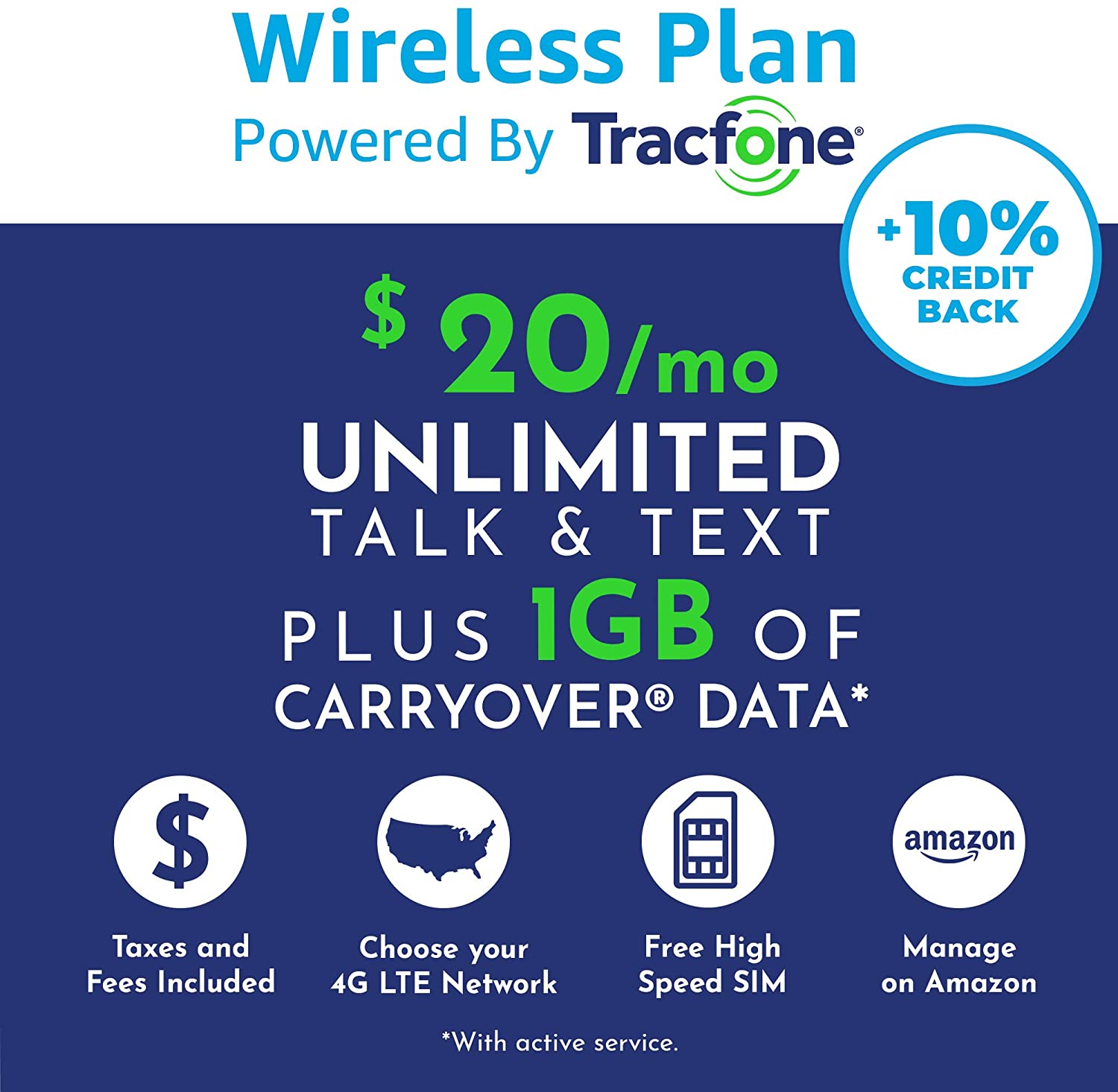 Amazon Wireless Plans - Tracfone Unlimited Talk, Text, 1GB Exclusive on Amazon w/Prime - $20 ALL IN ($5 OFF First Month) $15
