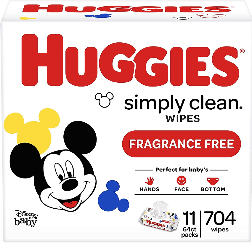 Huggies Simply Clean Fragrance-Free Baby Diaper Wipes, 11 Flip Lid Packs (704 Wipes Total) $11.99