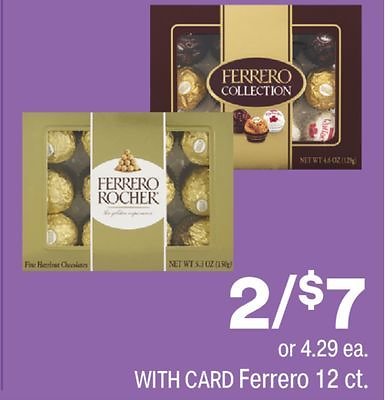 CVS: 2 for $7 Ferrero Rocher Chocolates. 12-Count 5.3oz. Ferrero Rocher Fine Hazelnut Chocolates