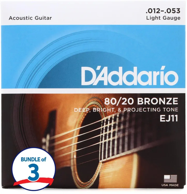 D'Addario EJ11 80/20 Bronze Acoustic Guitar Strings - .012-.053 Light (3-pack) for $11.99 + Free S&H